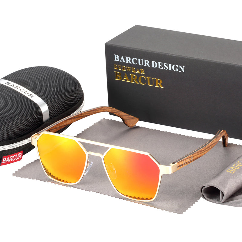 BARCUR Brand Design Zebra Wood Temple Polarized Sunglasses Hexagon Metal Frame Men Glasses UV400 4137