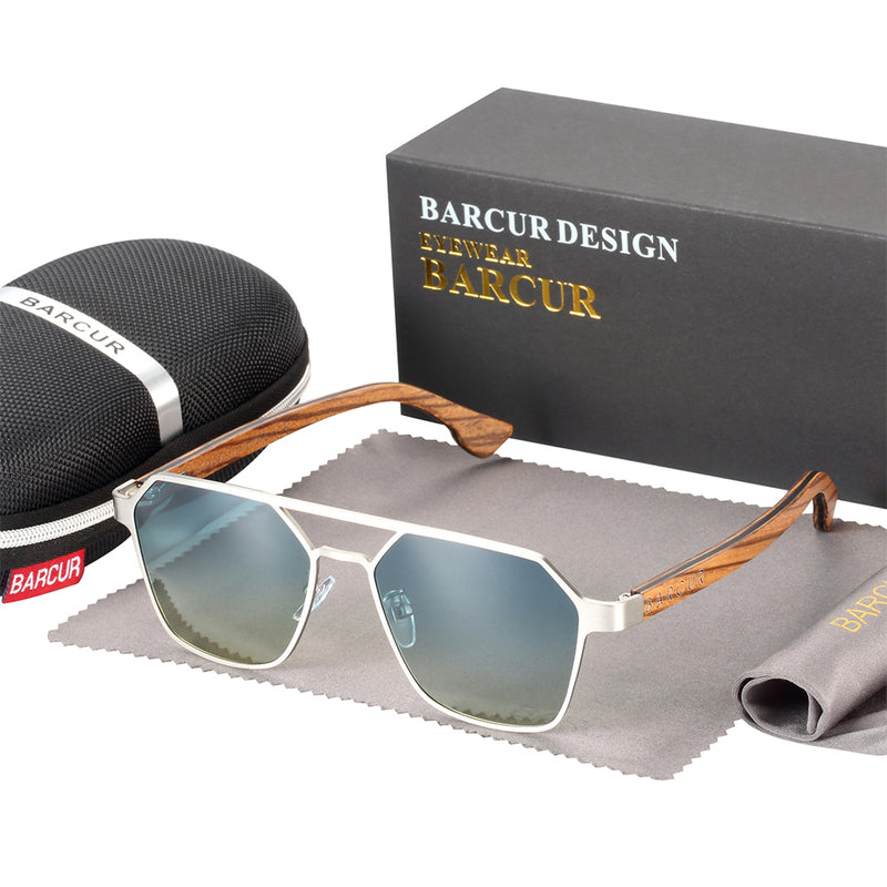 BARCUR Brand Design Zebra Wood Temple Polarized Sunglasses Hexagon Metal Frame Men Glasses UV400 4137