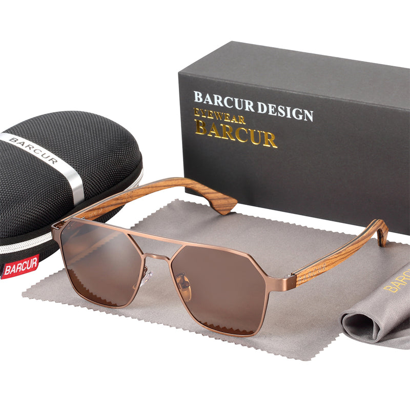 BARCUR Brand Design Zebra Wood Temple Polarized Sunglasses Hexagon Metal Frame Men Glasses UV400 4137