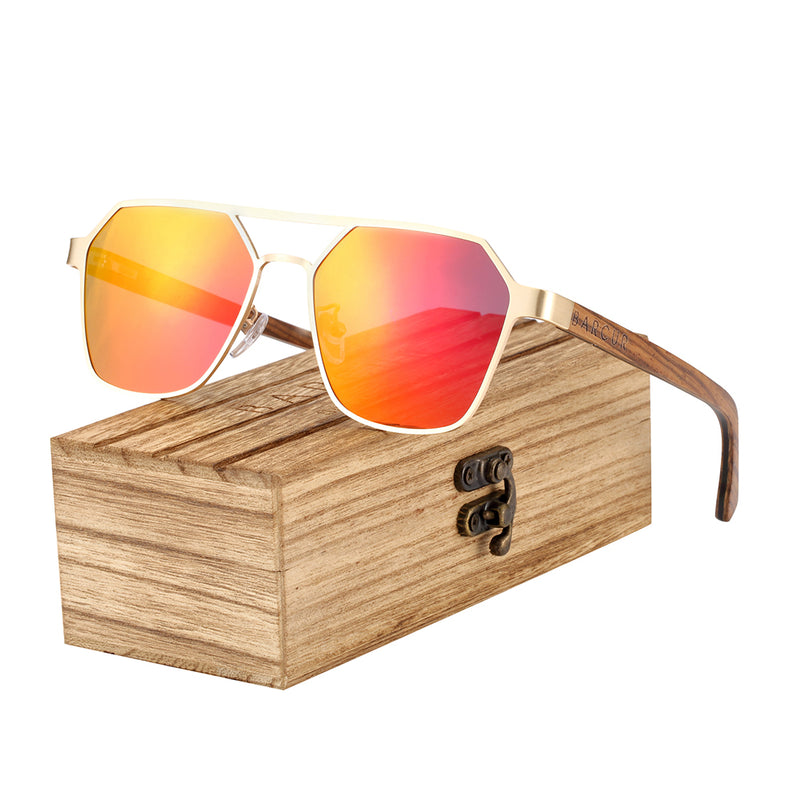 BARCUR Brand Design Zebra Wood Temple Polarized Sunglasses Hexagon Metal Frame Men Glasses UV400 4137