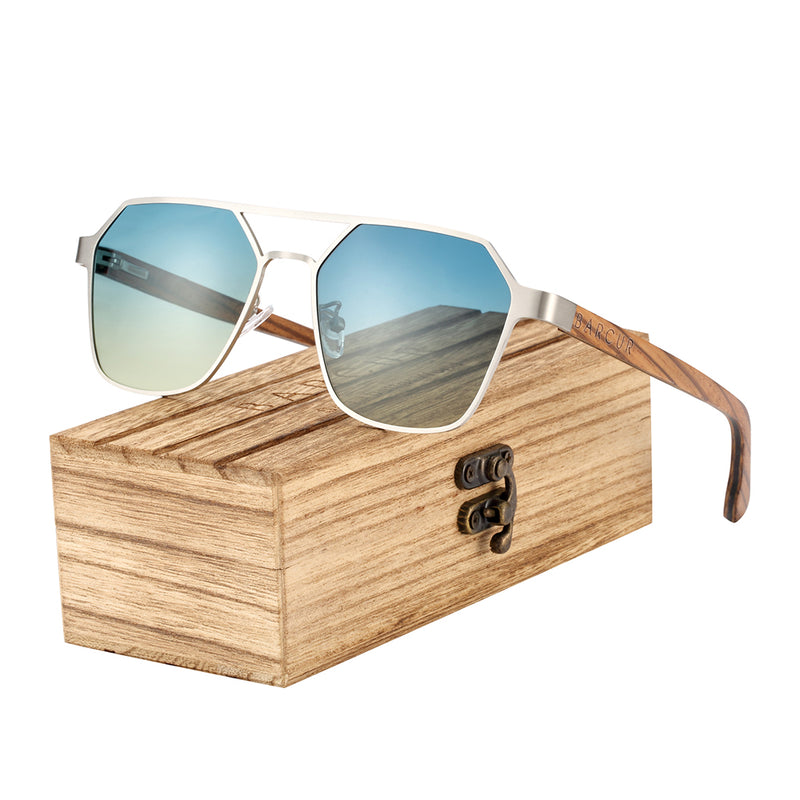 BARCUR Brand Design Zebra Wood Temple Polarized Sunglasses Hexagon Metal Frame Men Glasses UV400 4137