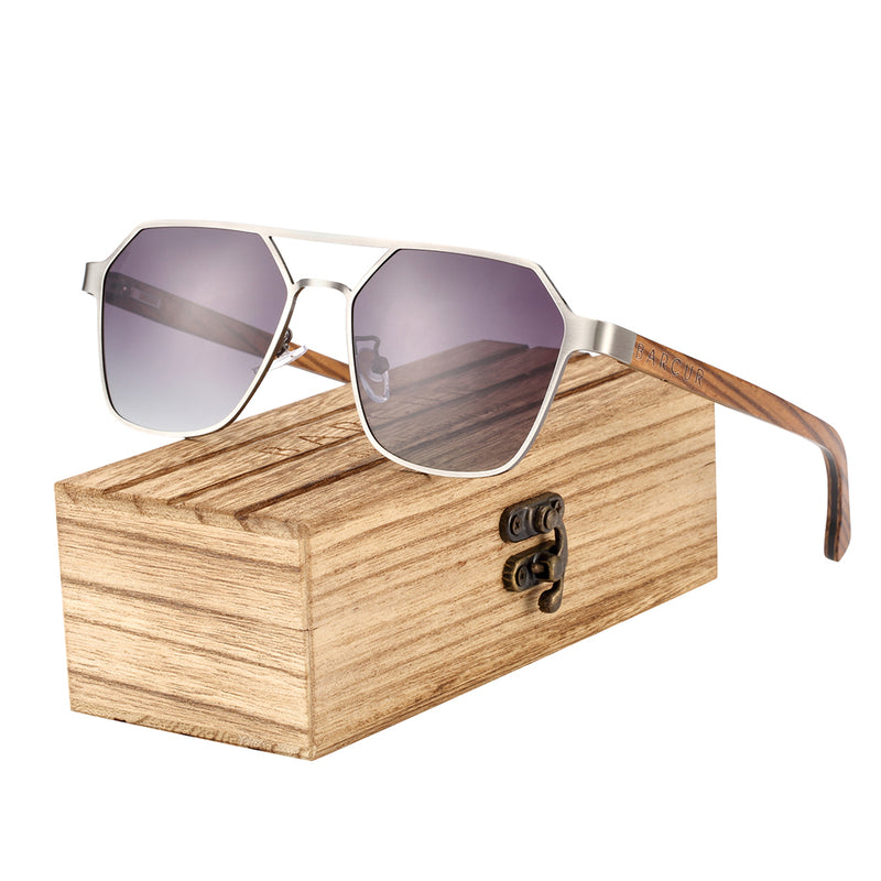 BARCUR Brand Design Zebra Wood Temple Polarized Sunglasses Hexagon Metal Frame Men Glasses UV400 4137