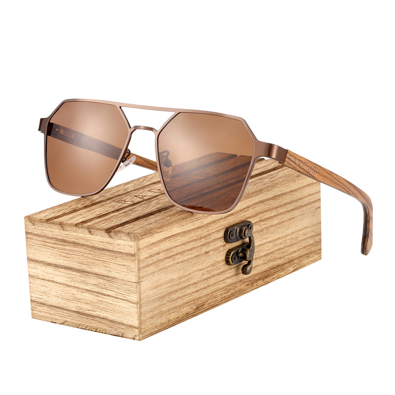 BARCUR Brand Design Zebra Wood Temple Polarized Sunglasses Hexagon Metal Frame Men Glasses UV400 4137