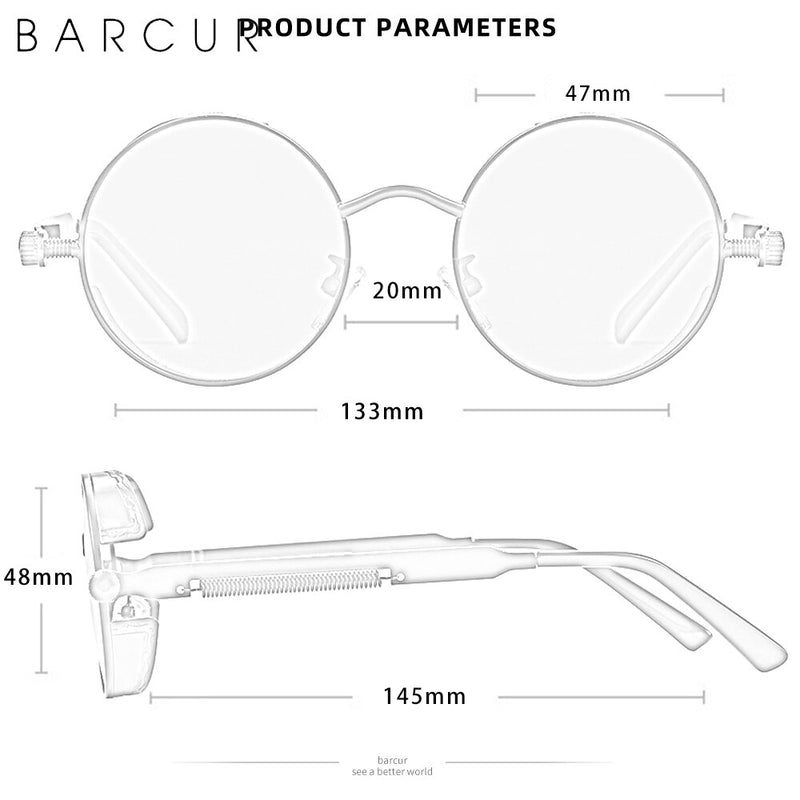 BARCUR Retro Round Steampunk Design Sunglasses 8376